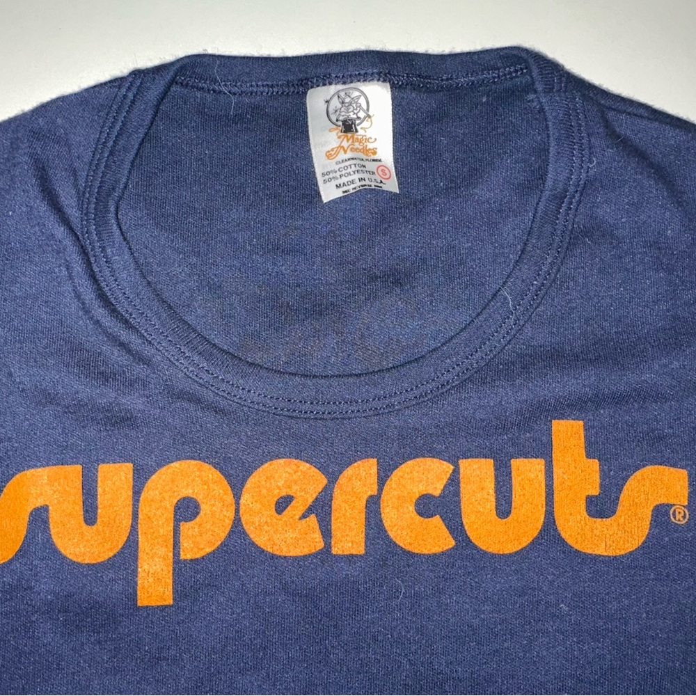 Vintage Navy Blue cap sleeve Tee with Orange Supercuts Logo